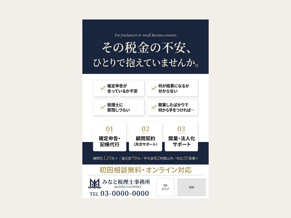 みなと税理士事務所のA4チラシ。上部に「その税金の不安、ひとりで抱えていませんか。」、中段に4つの悩みと3つのサービス、下部に連絡先とQRコード欄。